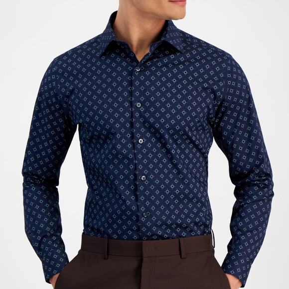 Alfani Men's Slim-Fit stretch Medallion Dress Shirt blue/green 14-14.5 32-33 - Picture 2 of 5